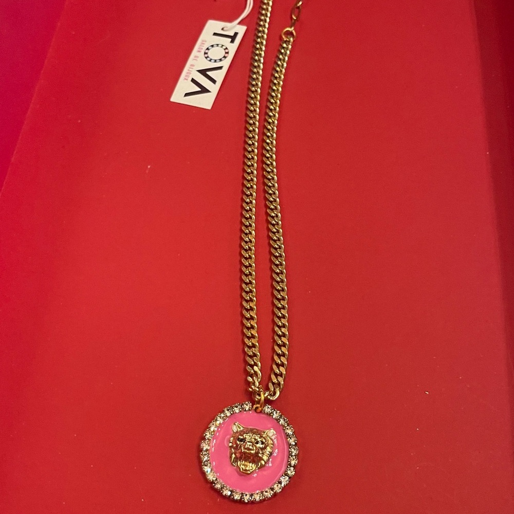 Tova Gold and Pink clear Swarovski crystals and enamel tiger Pendant Necklace